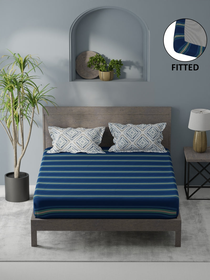 Bamboo Micro Fitted King Bedsheet With 2 Pillow Covers <small> (stripe-dk.blue)</small>