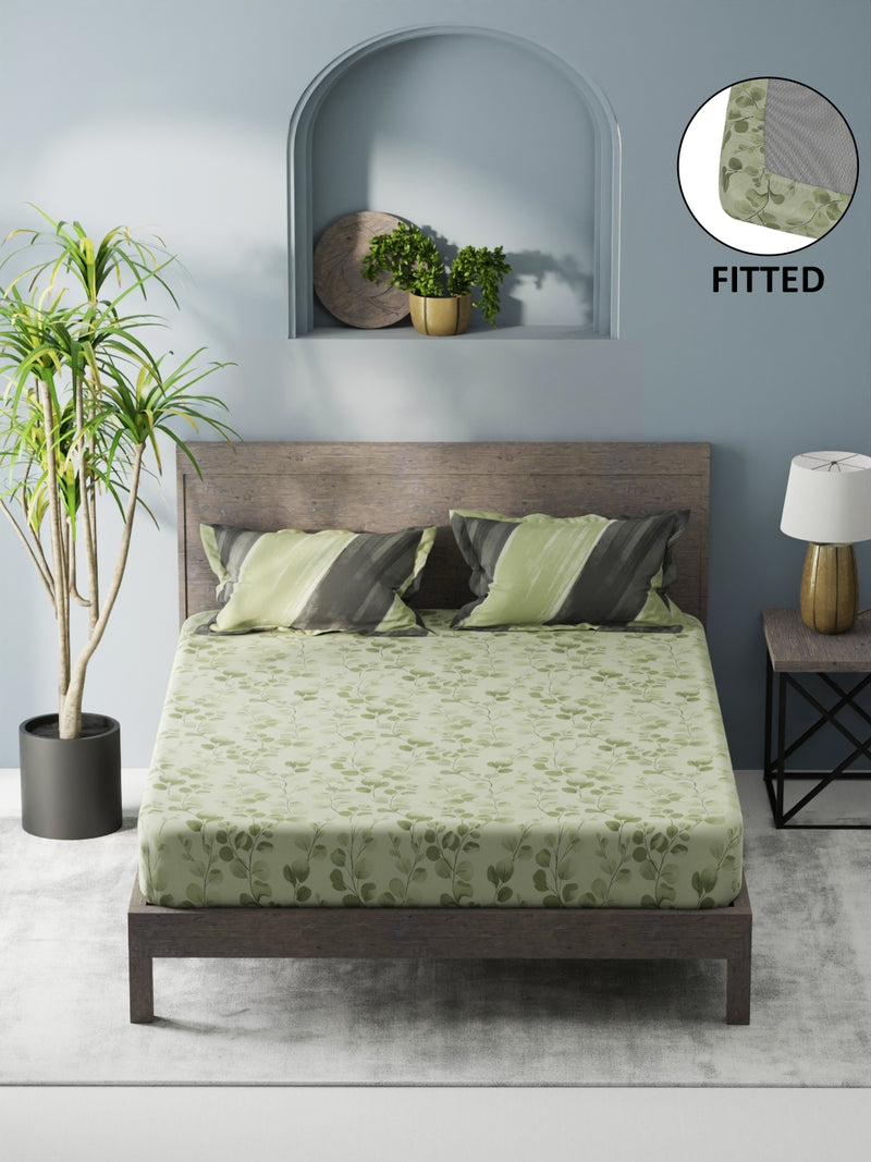 Bamboo Micro Fitted King Bedsheet With 2 Pillow Covers <small> (floral-green)</small>