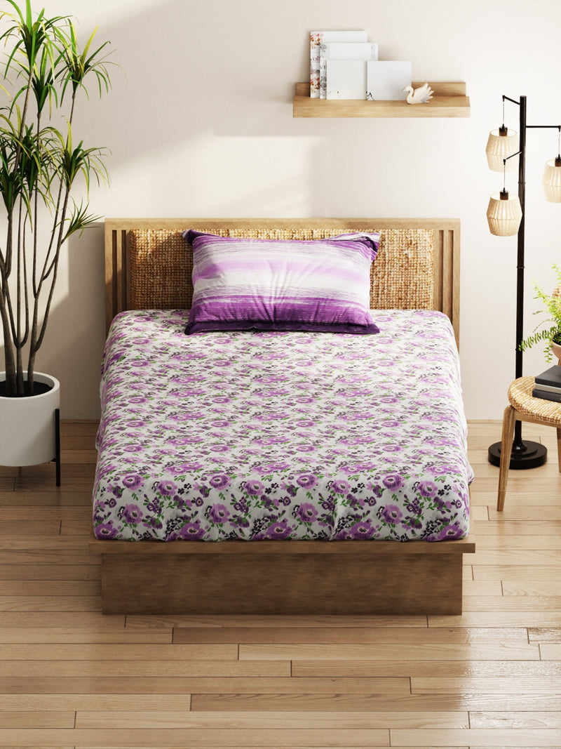 Extra Smooth Micro Single Bedsheet With 1 Pillow Covers <small> (floral-grey/purple)</small>