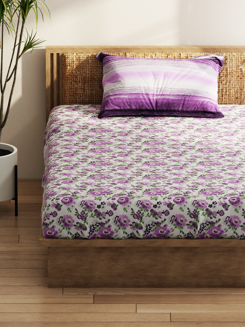 Extra Smooth Micro Single Bedsheet With 1 Pillow Covers <small> (floral-grey/purple)</small>