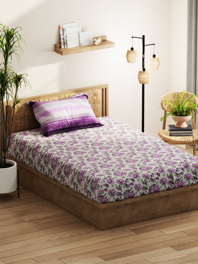 Extra Smooth Micro Single Bedsheet With 1 Pillow Covers <small> (floral-grey/purple)</small>