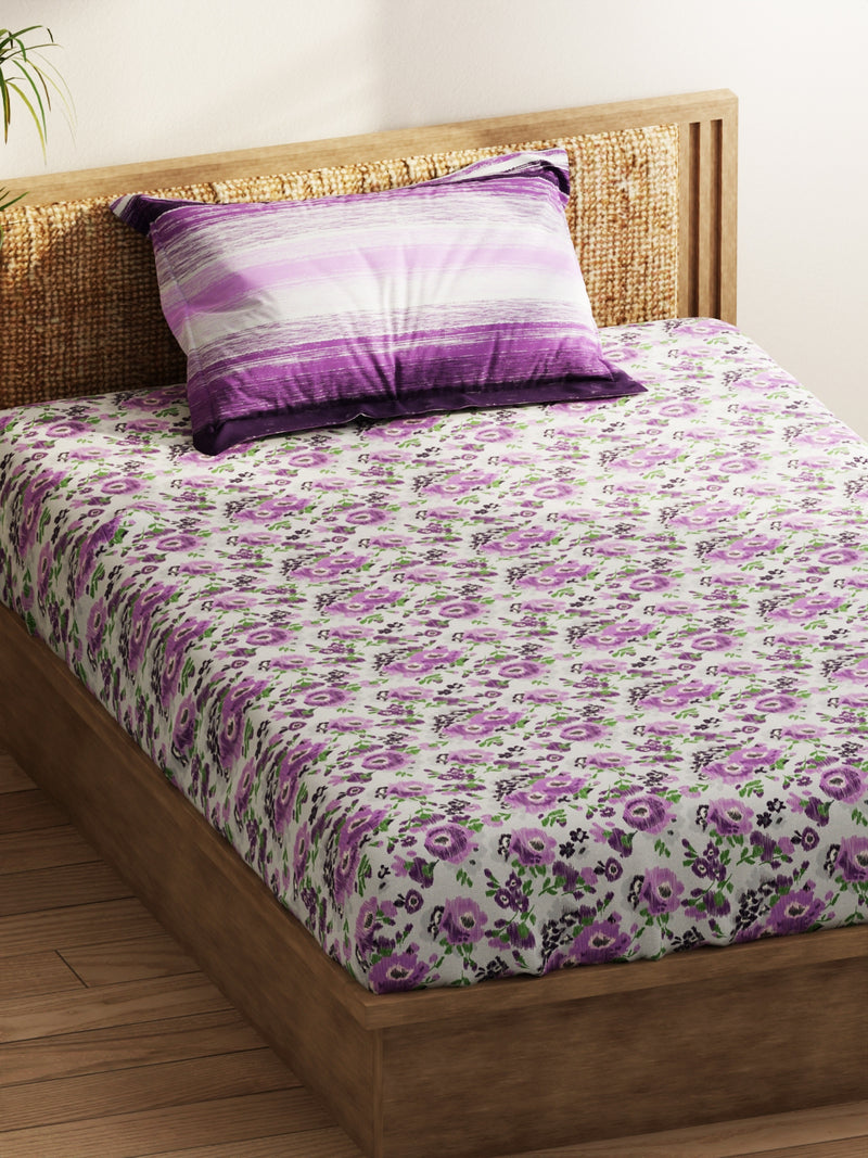 Extra Smooth Micro Single Bedsheet With 1 Pillow Covers <small> (floral-grey/purple)</small>