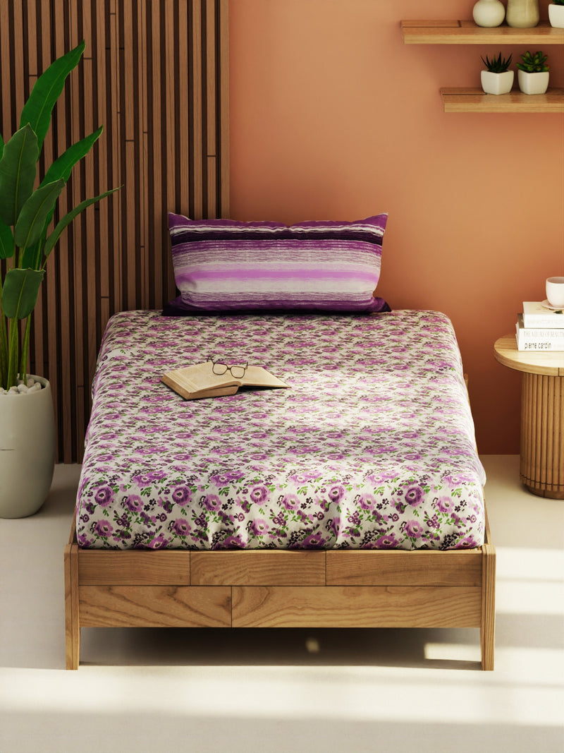 Extra Smooth Micro Single Bedsheet With 1 Pillow Cover <small> (floral-grey/purple)</small>