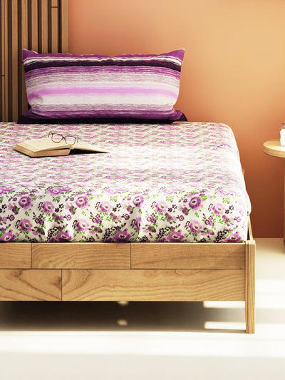 Extra Smooth Micro Single Bedsheet With 1 Pillow Cover <small> (floral-grey/purple)</small>