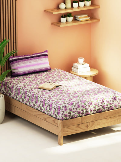 Extra Smooth Micro Single Bedsheet With 1 Pillow Cover <small> (floral-grey/purple)</small>