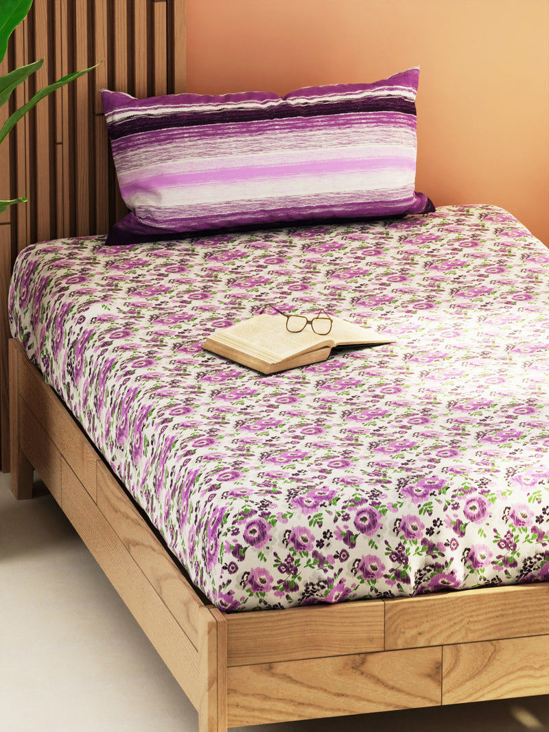 Extra Smooth Micro Single Bedsheet With 1 Pillow Cover <small> (floral-grey/purple)</small>