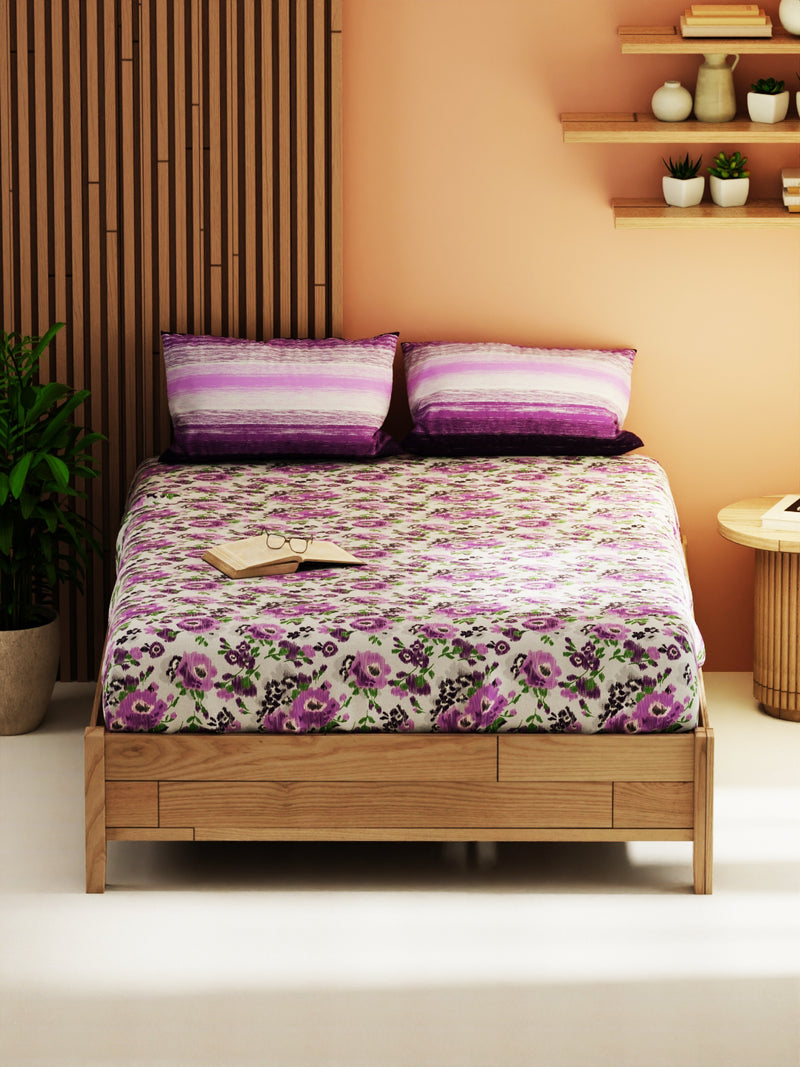 Extra Smooth Micro Double Bedsheet With 2 Pillow Covers <small> (floral-grey/purple)</small>