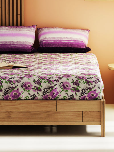 Extra Smooth Micro Double Bedsheet With 2 Pillow Covers <small> (floral-grey/purple)</small>