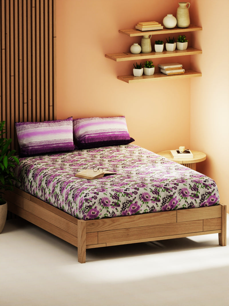 Extra Smooth Micro Double Bedsheet With 2 Pillow Covers <small> (floral-grey/purple)</small>