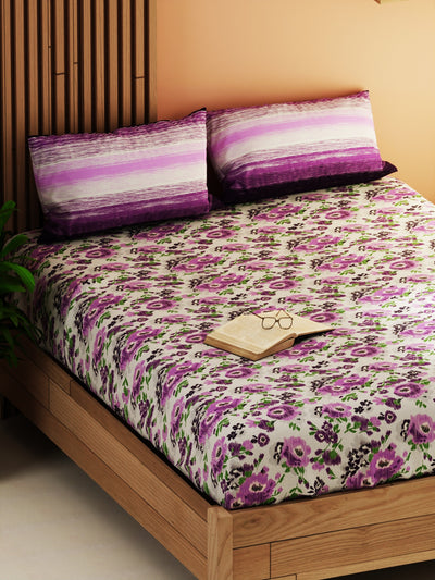 Extra Smooth Micro Double Bedsheet With 2 Pillow Covers <small> (floral-grey/purple)</small>