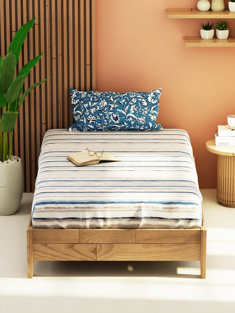 Extra Smooth Micro Single Bedsheet With 1 Pillow Cover <small> (stripe-grey/blue)</small>