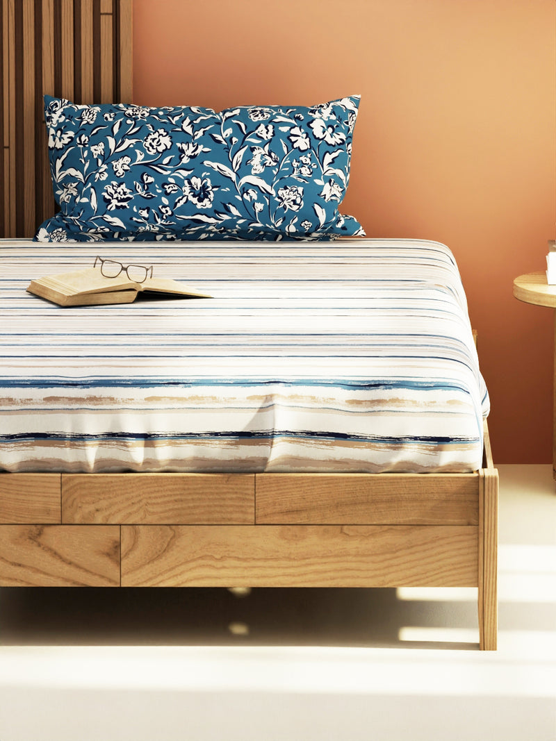 Extra Smooth Micro Single Bedsheet With 1 Pillow Cover <small> (stripe-grey/blue)</small>