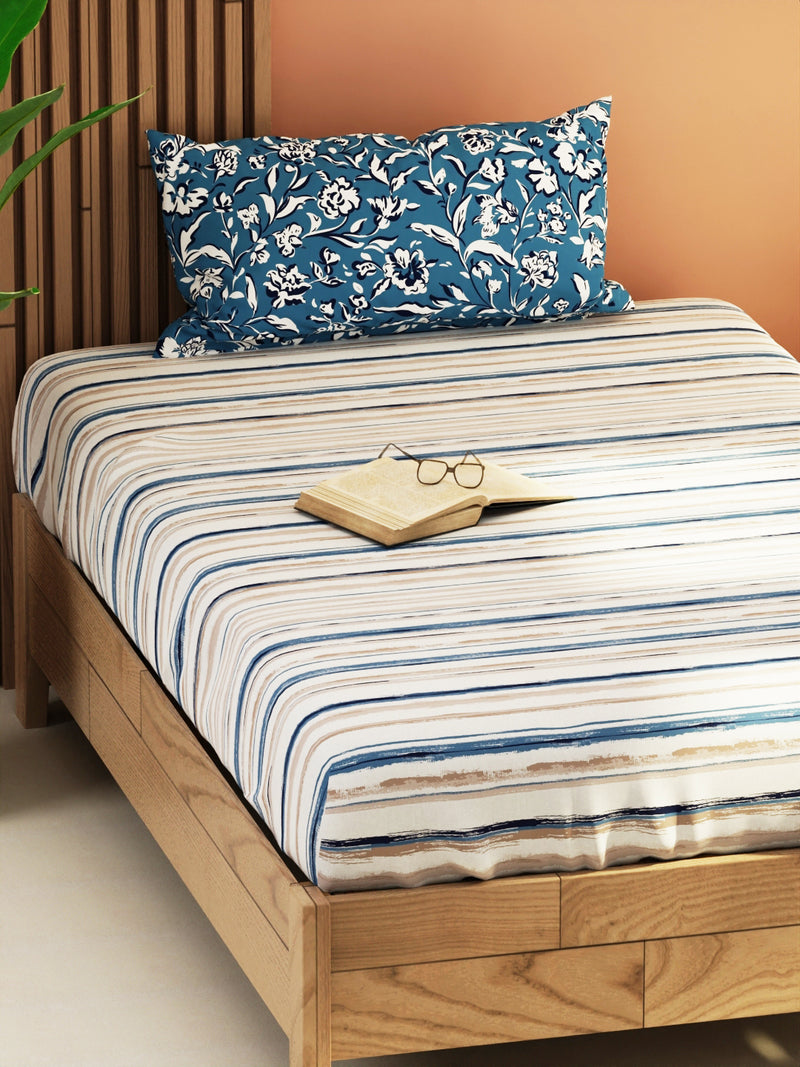 Extra Smooth Micro Single Bedsheet With 1 Pillow Cover <small> (stripe-grey/blue)</small>