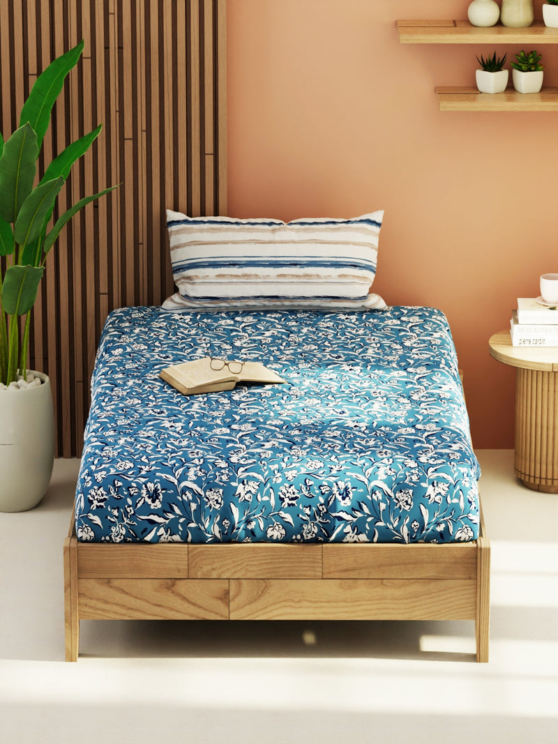 Extra Smooth Micro Single Bedsheet With 1 Pillow Cover <small> (floral-blue)</small>