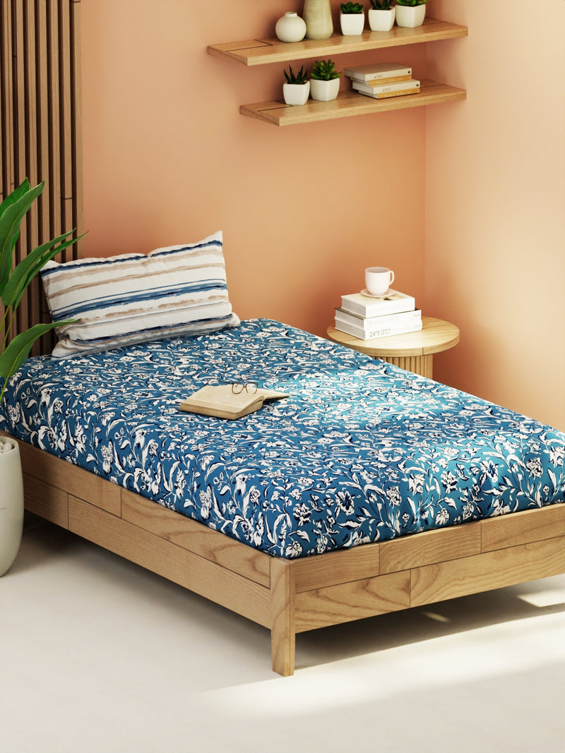 Extra Smooth Micro Single Bedsheet With 1 Pillow Cover <small> (floral-blue)</small>