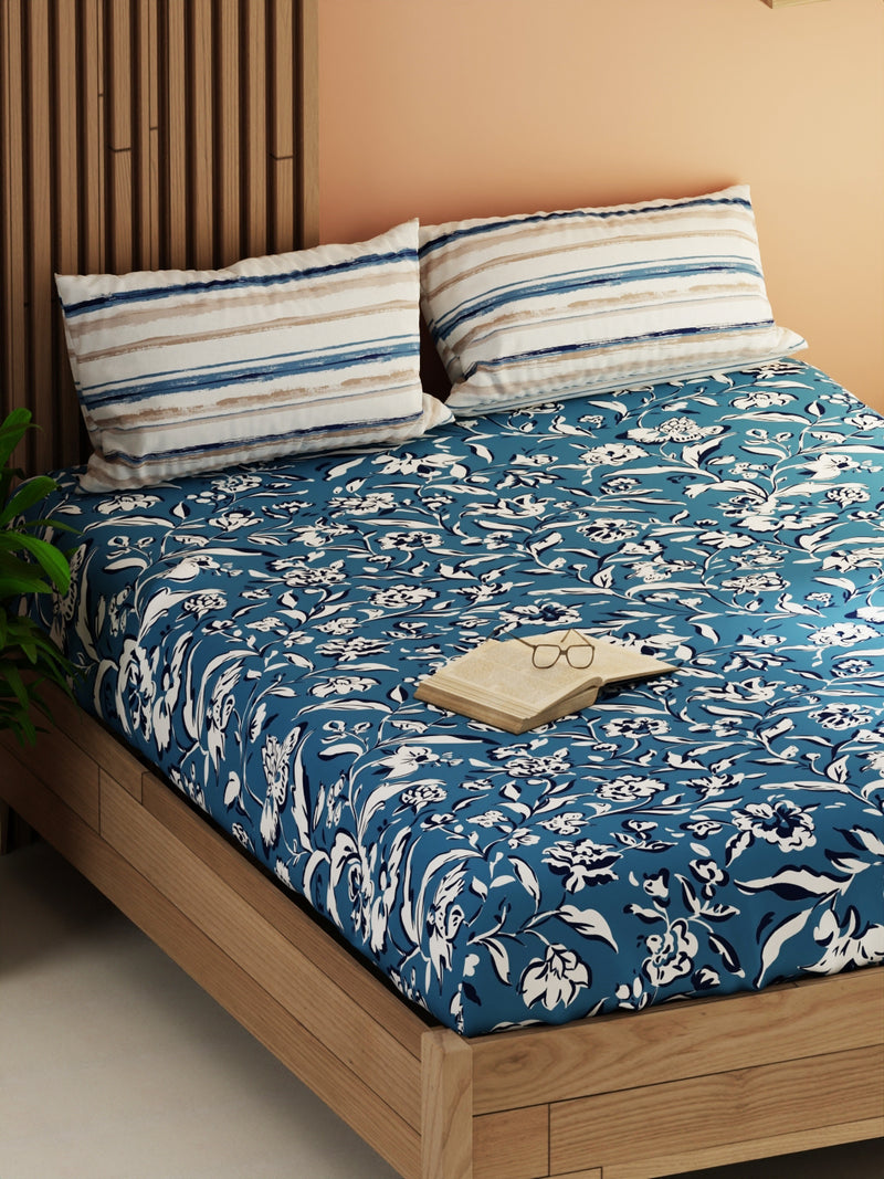 Extra Smooth Micro Double Bedsheet With 2 Pillow Covers <small> (floral-blue)</small>