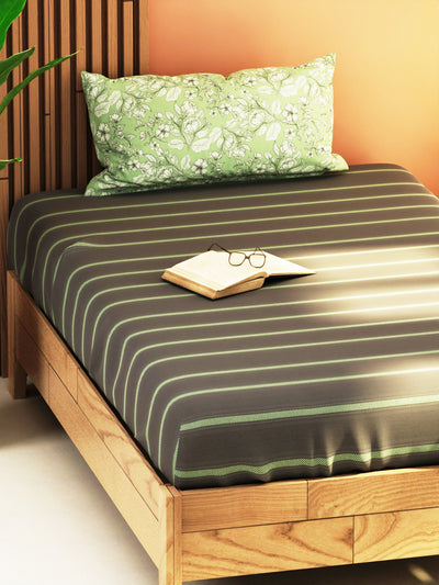 Extra Smooth Micro Single Bedsheet With 1 Pillow Cover <small> (stripe-grey/pistachio)</small>