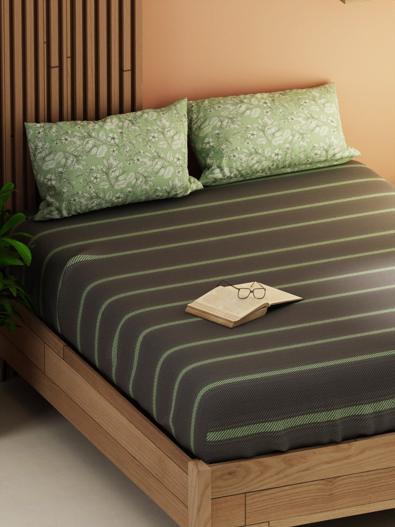 Extra Smooth Micro Double Bedsheet With 2 Pillow Covers <small> (stripe-grey/pistachio)</small>