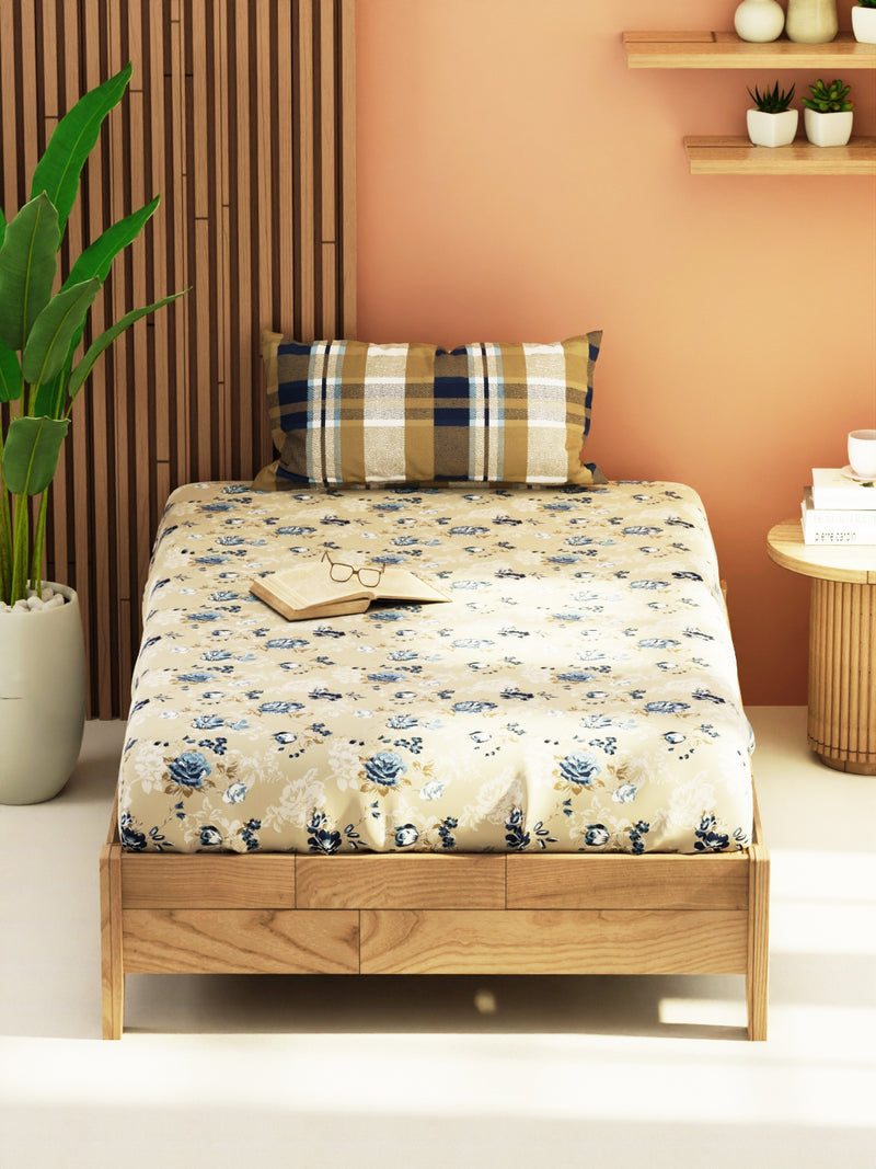 Extra Smooth Micro Single Bedsheet With 1 Pillow Cover <small> (floral-sand/blue)</small>