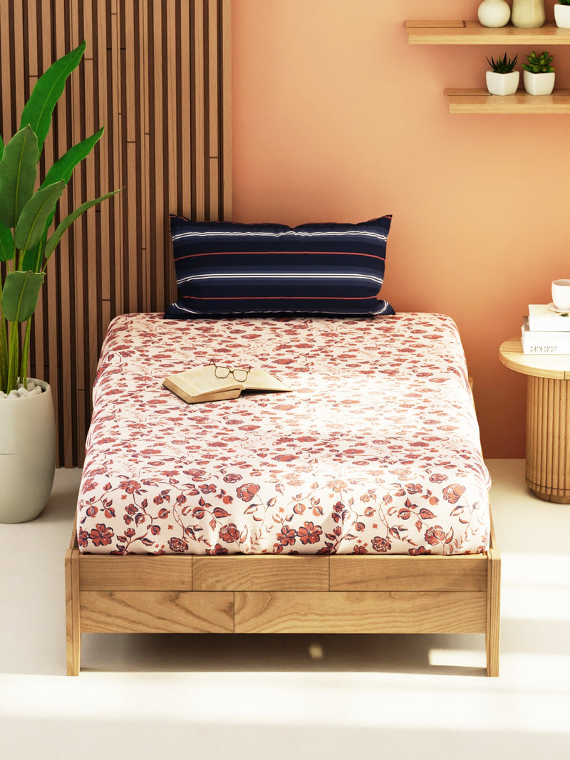 Extra Smooth Micro Single Bedsheet With 1 Pillow Cover <small> (floral-brick/blue)</small>