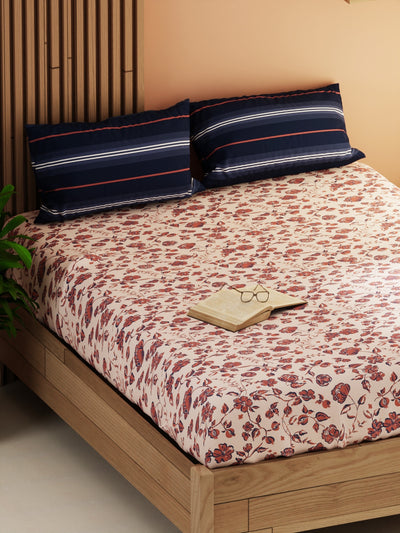 Extra Smooth Micro Double Bedsheet With 2 Pillow Covers <small> (floral-brick/blue)</small>