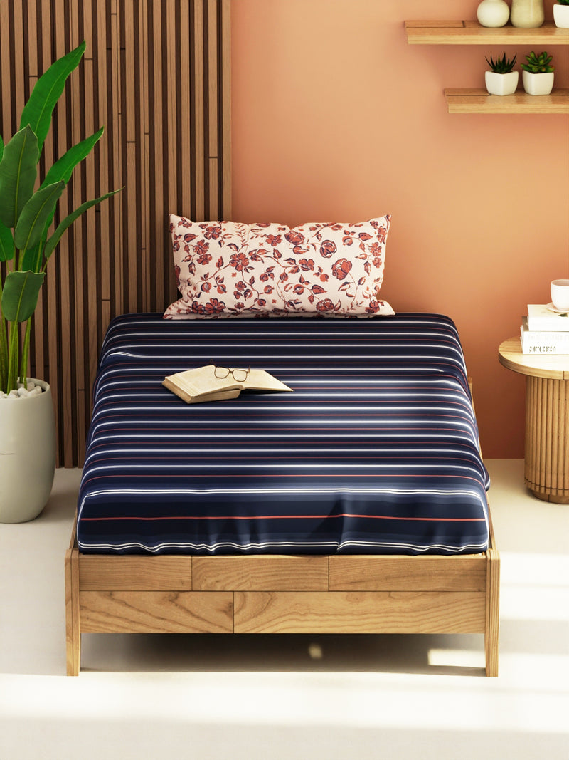 Extra Smooth Micro Single Bedsheet With 1 Pillow Cover <small> (floral-blue/brick)</small>