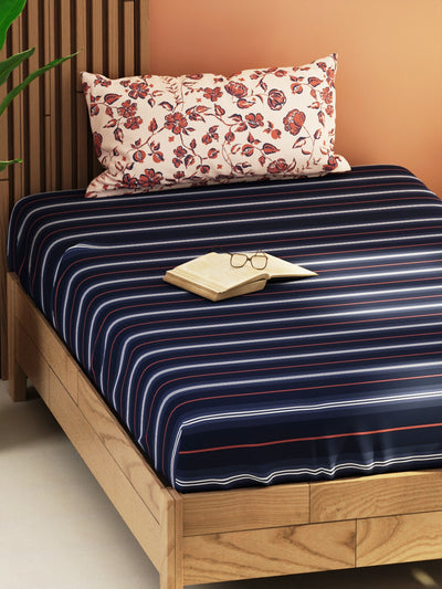 Extra Smooth Micro Single Bedsheet With 1 Pillow Cover <small> (floral-blue/brick)</small>