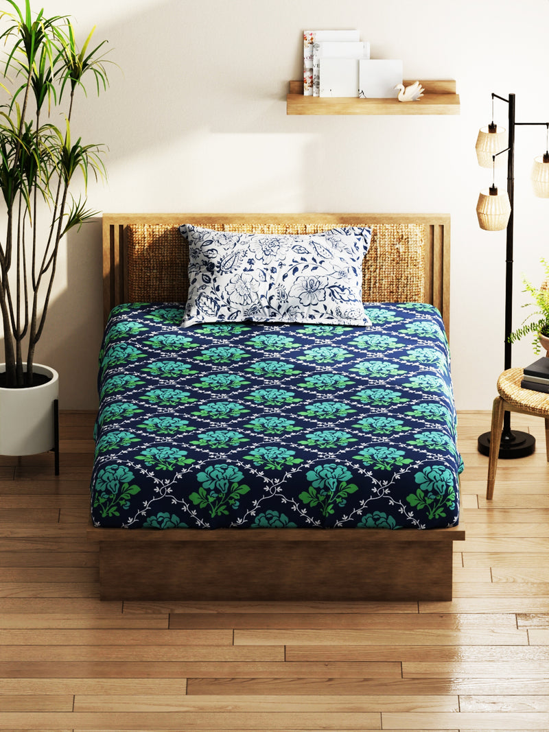 Extra Smooth Micro Single Bedsheet With 1 Pillow Covers <small> (floral-green/navy)</small>