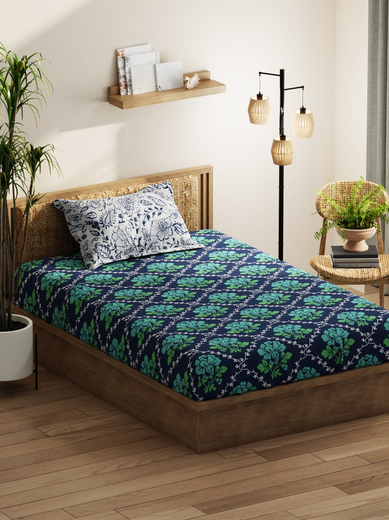 Extra Smooth Micro Single Bedsheet With 1 Pillow Covers <small> (floral-green/navy)</small>