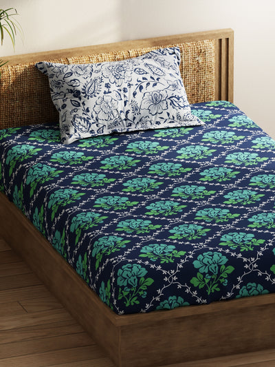 Extra Smooth Micro Single Bedsheet With 1 Pillow Covers <small> (floral-green/navy)</small>