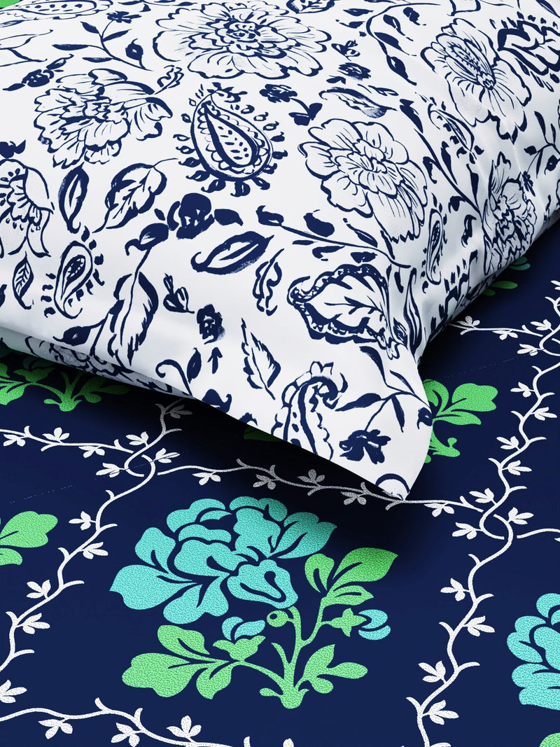 Extra Smooth Micro Single Bedsheet With 1 Pillow Covers <small> (floral-green/navy)</small>