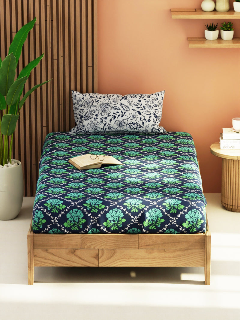 Extra Smooth Micro Single Bedsheet With 1 Pillow Cover <small> (floral-green/navy)</small>