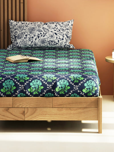 Extra Smooth Micro Single Bedsheet With 1 Pillow Cover <small> (floral-green/navy)</small>