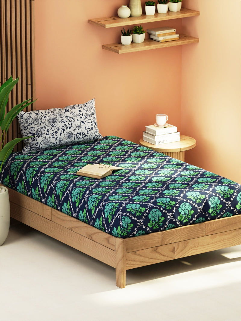 Extra Smooth Micro Single Bedsheet With 1 Pillow Cover <small> (floral-green/navy)</small>