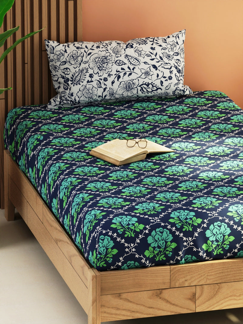 Extra Smooth Micro Single Bedsheet With 1 Pillow Cover <small> (floral-green/navy)</small>