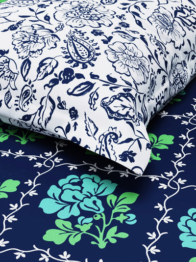 Extra Smooth Micro Single Bedsheet With 1 Pillow Cover <small> (floral-green/navy)</small>