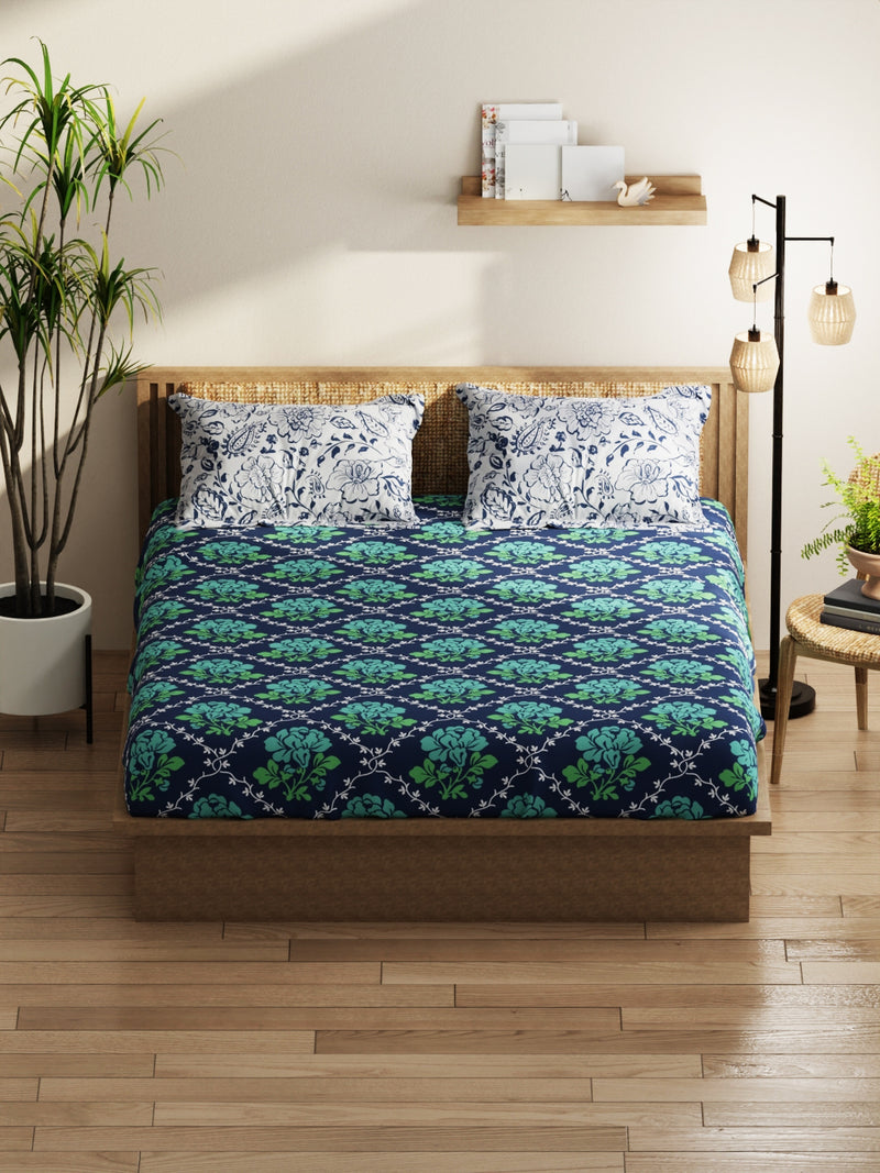 Extra Smooth Micro Double Bedsheet With 2 Pillow Covers <small> (floral-green/navy)</small>