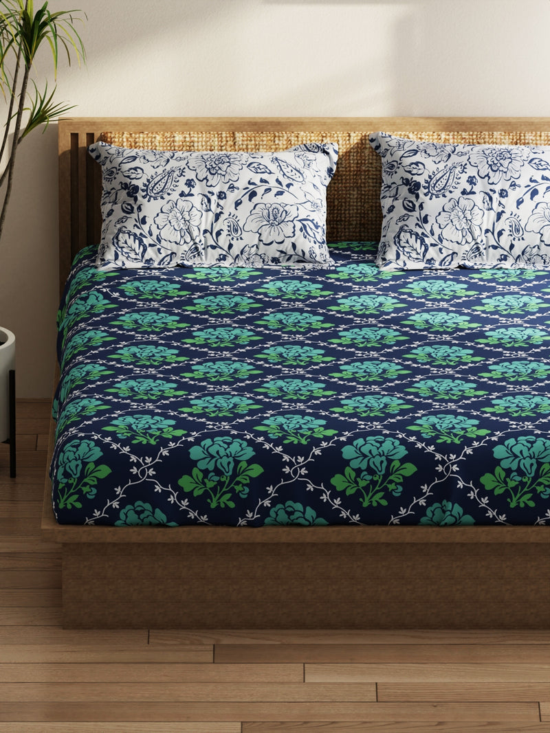 Extra Smooth Micro Double Bedsheet With 2 Pillow Covers <small> (floral-green/navy)</small>