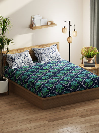 Extra Smooth Micro Double Bedsheet With 2 Pillow Covers <small> (floral-green/navy)</small>