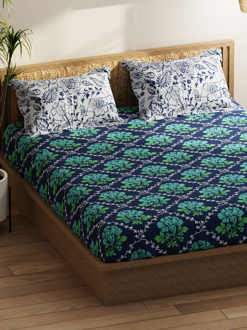 Extra Smooth Micro Double Bedsheet With 2 Pillow Covers <small> (floral-green/navy)</small>