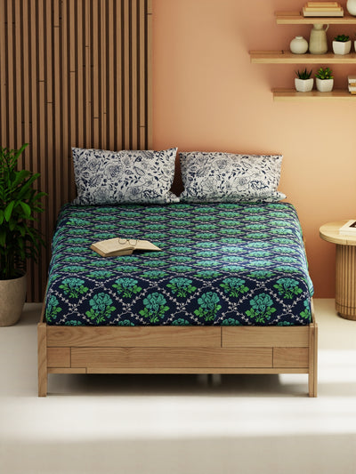 Extra Smooth Micro Double Bedsheet With 2 Pillow Covers <small> (floral-green/navy)</small>