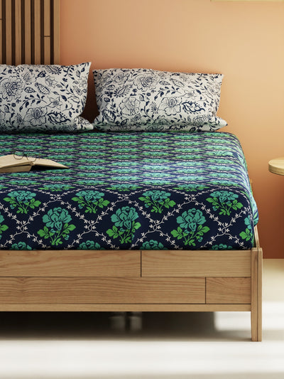 Extra Smooth Micro Double Bedsheet With 2 Pillow Covers <small> (floral-green/navy)</small>