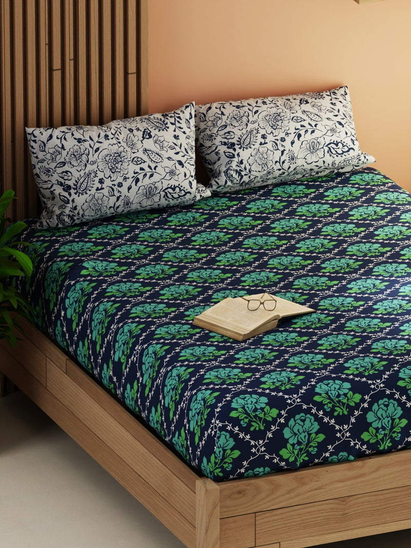 Extra Smooth Micro Double Bedsheet With 2 Pillow Covers <small> (floral-green/navy)</small>