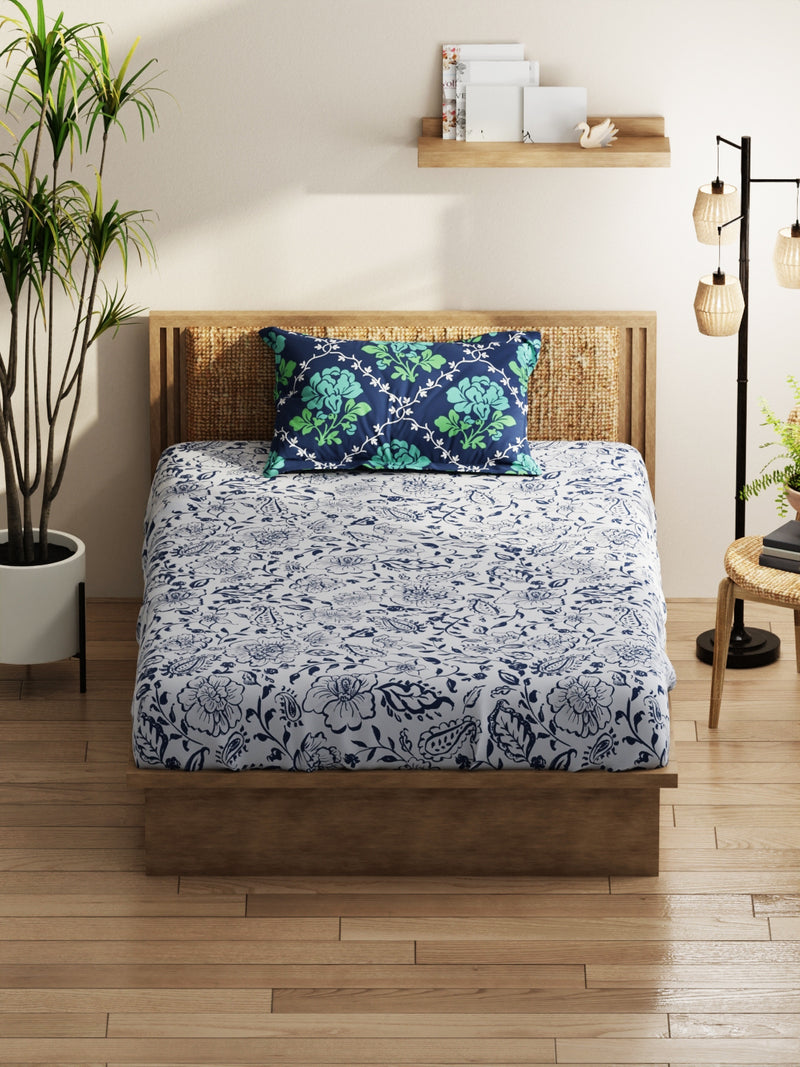 Extra Smooth Micro Single Bedsheet With 1 Pillow Covers <small> (floral-grey/navy)</small>