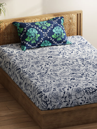 Extra Smooth Micro Single Bedsheet With 1 Pillow Covers <small> (floral-grey/navy)</small>