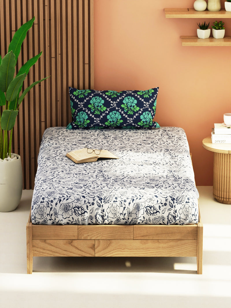 Extra Smooth Micro Single Bedsheet With 1 Pillow Cover <small> (floral-grey/navy)</small>