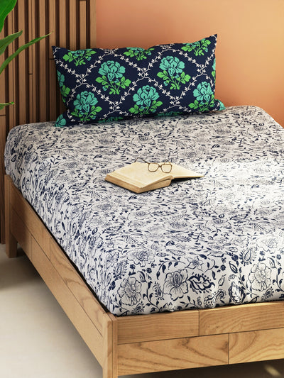 Extra Smooth Micro Single Bedsheet With 1 Pillow Cover <small> (floral-grey/navy)</small>