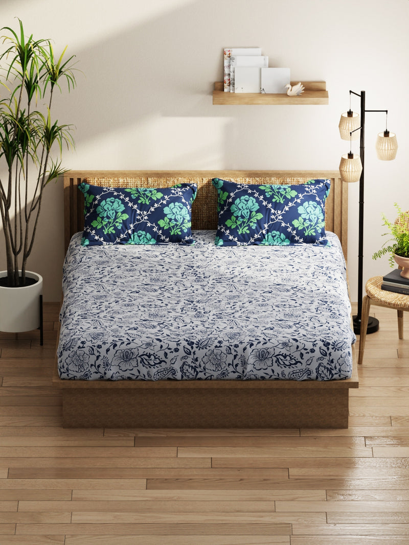 Extra Smooth Micro Double Bedsheet With 2 Pillow Covers <small> (floral-grey/navy)</small>