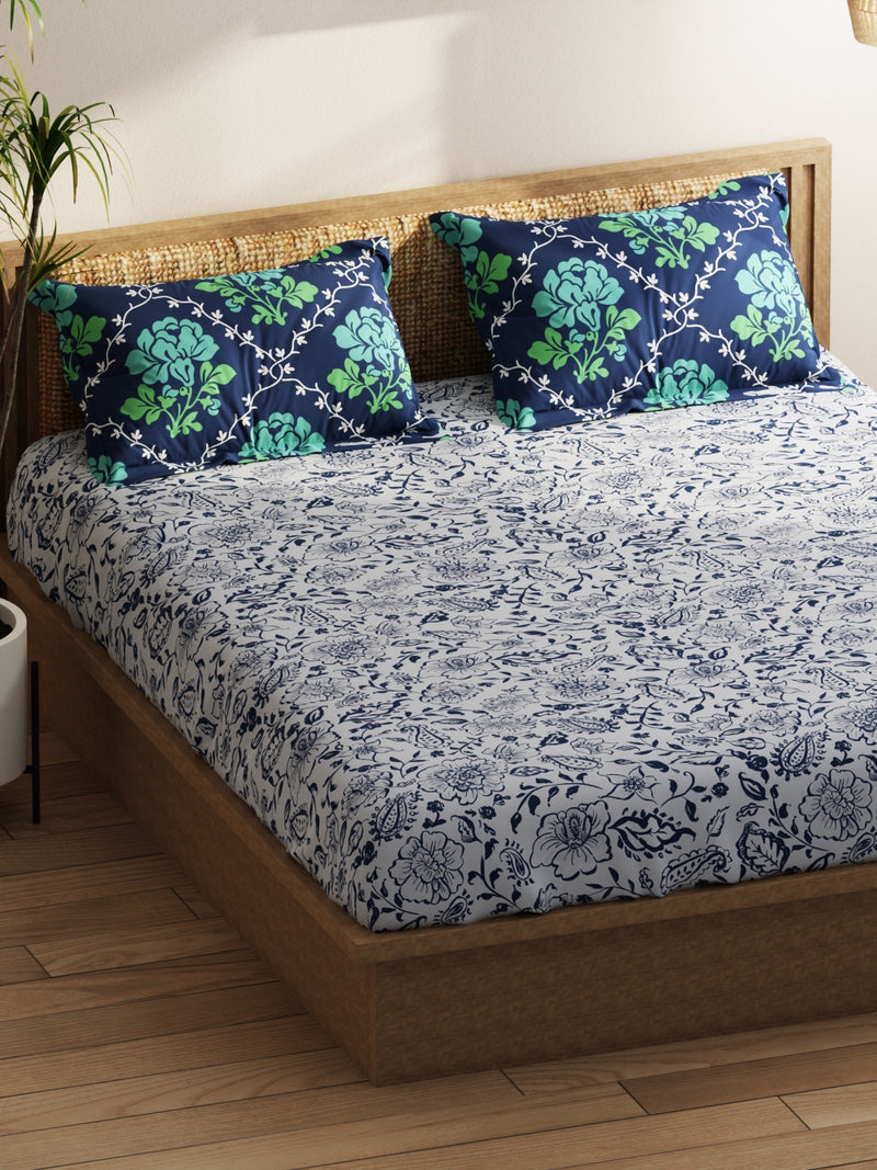 Extra Smooth Micro Double Bedsheet With 2 Pillow Covers <small> (floral-grey/navy)</small>