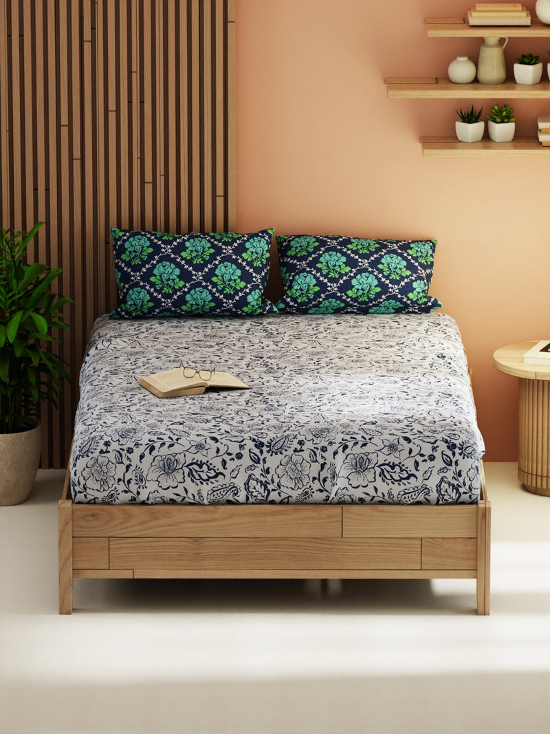 Extra Smooth Micro Double Bedsheet With 2 Pillow Covers <small> (floral-grey/navy)</small>